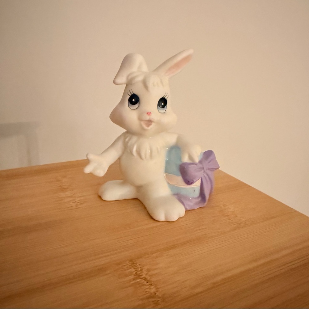 Enesco Precious Moments White Bunny Figurine with Purple Bow & Blue Striped Egg